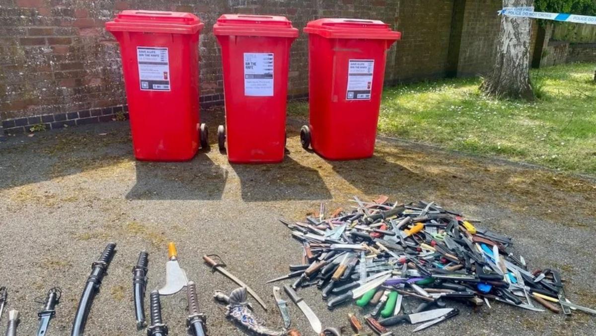 A display of all the knifes collected by police from the knife bins