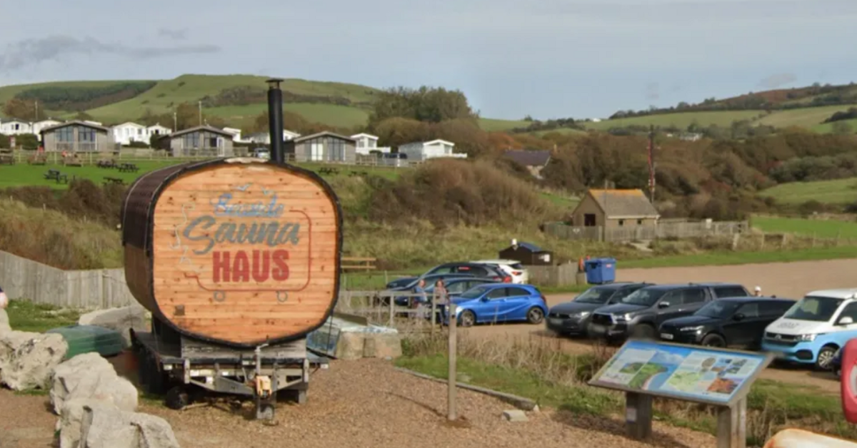 The sauna is in a removable unit, opposite the pub  and next to a car park