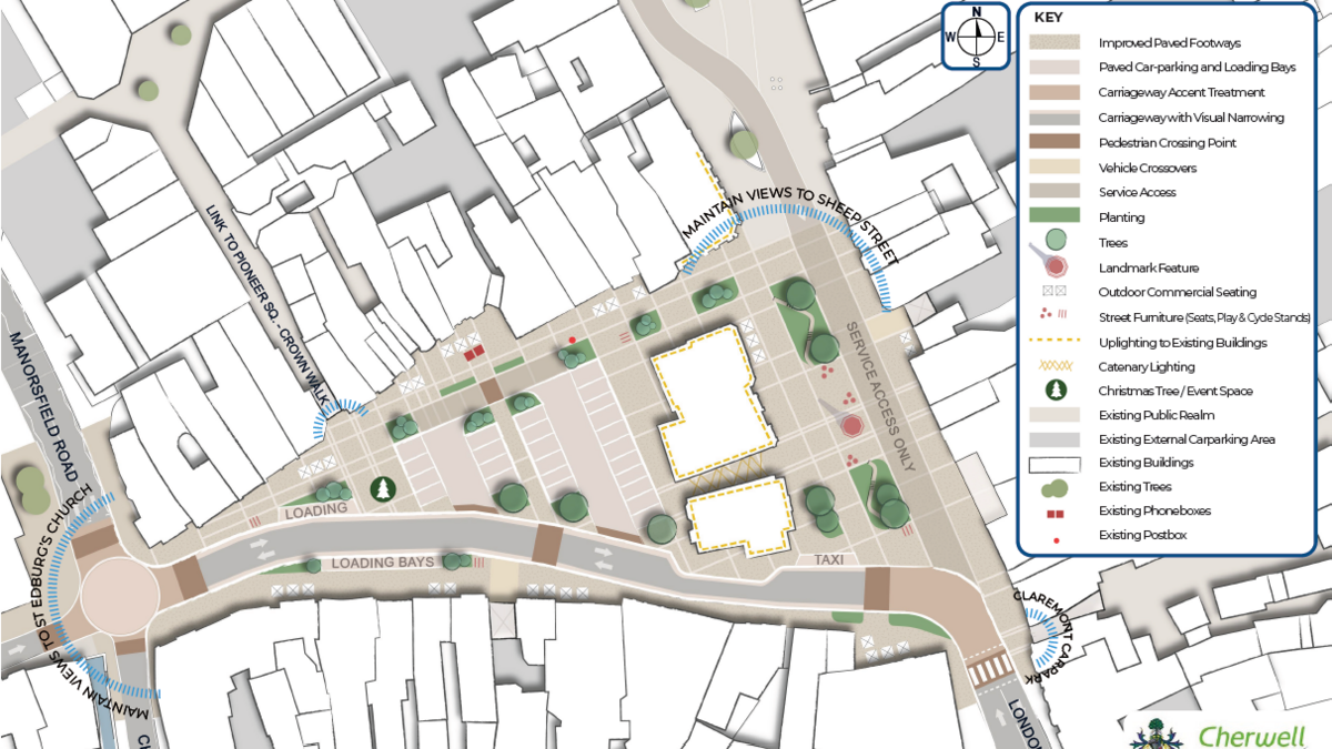 A map graphic showing the proposed new development of Bicester Market Square.