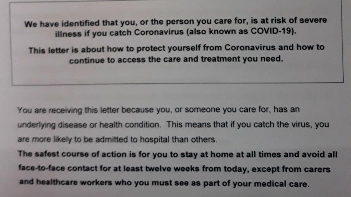 Forty thousand people in Northern Ireland have received letters advising them to stay at home for 12 weeks