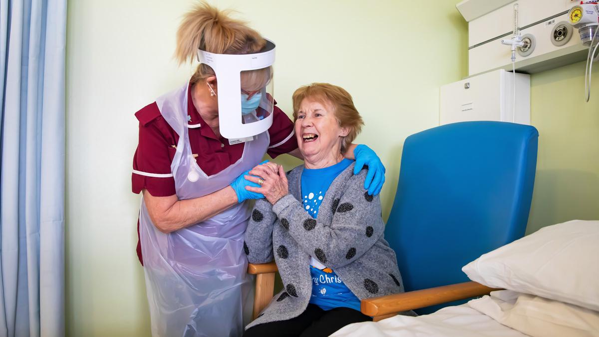 Margaret Keenan, 90, at University Hospital, Coventry - the first UK patient to receive the Pfizer-BioNTech Covid-19 vaccine - December 2020