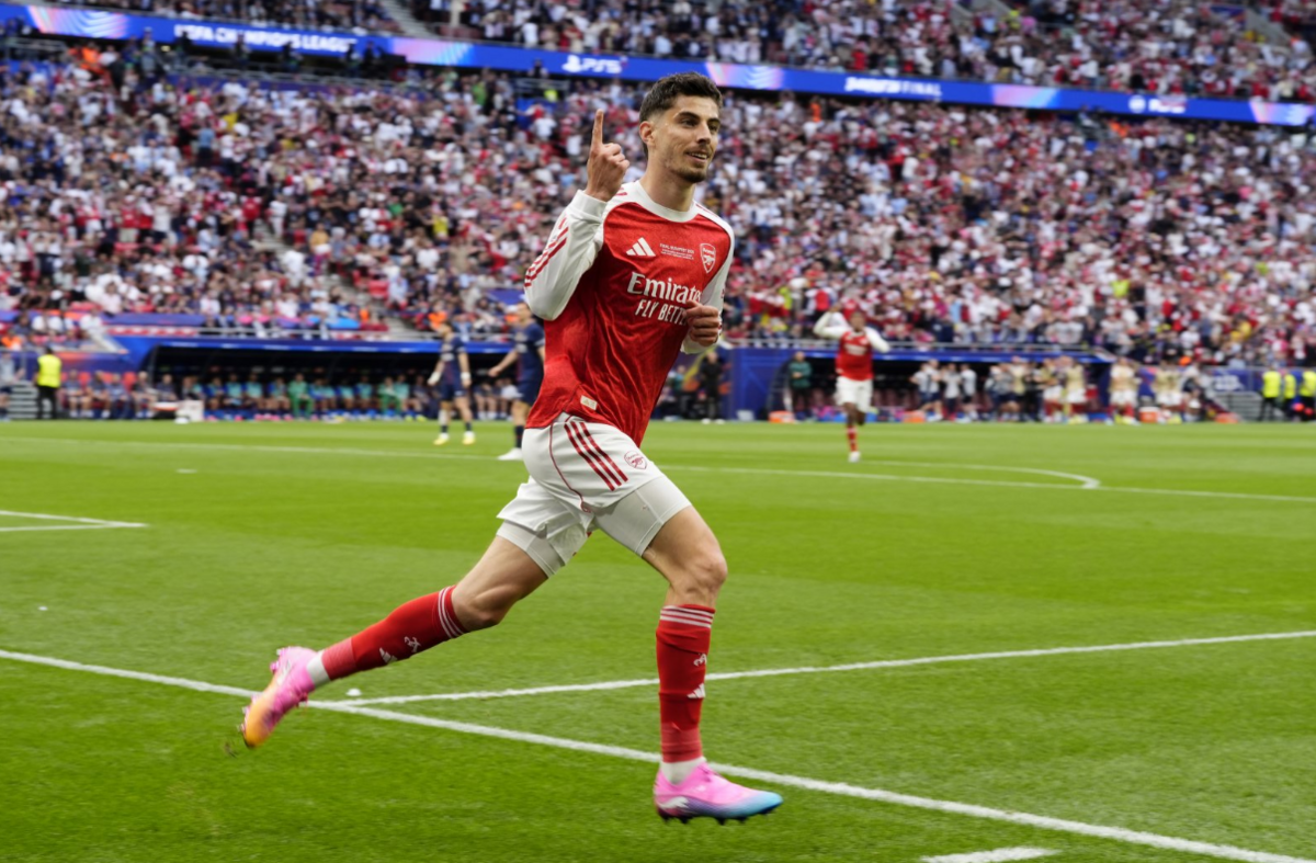 Arsenal's Kai Havertz celebrates scoring their side's first goal of the game during the UEFA Champions League Final 