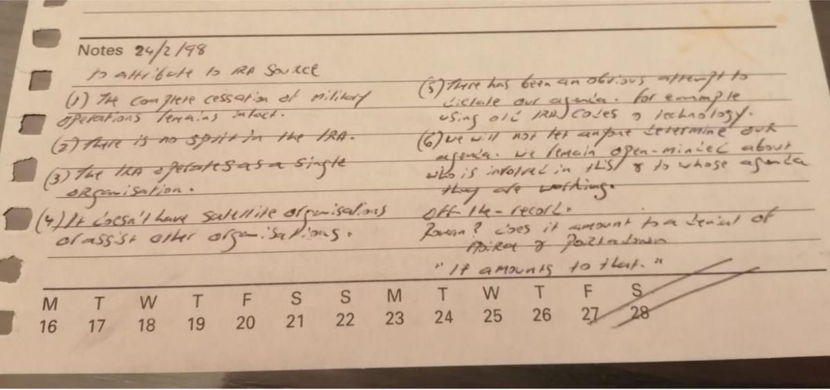 Brian Rowan's handwritten notes of an IRA briefing given to him in February 1998