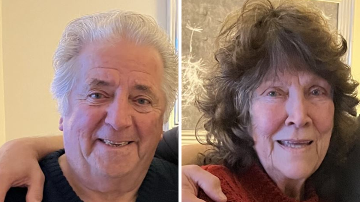 Headshot of Mr and Mrs Line - on the left is Mr Line with grey hair and a dark top. On the right is his wife who has dark curly hair and is wearing a red top