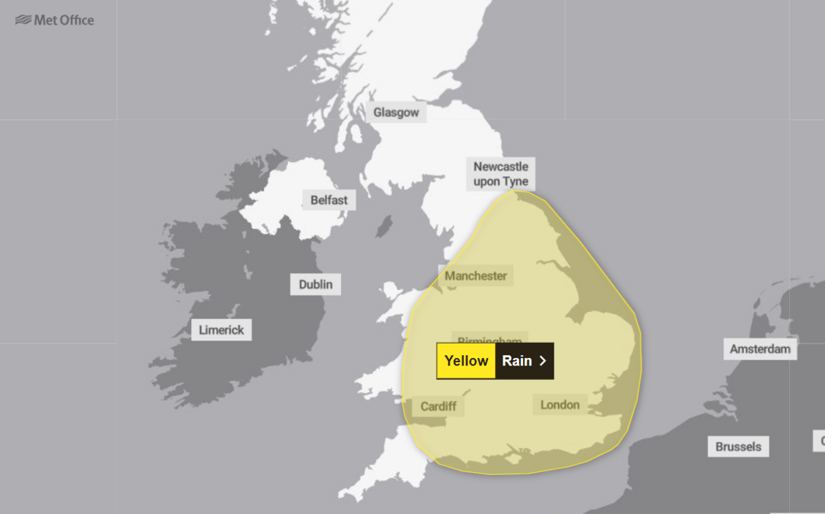 Rain map for the UK for Monday