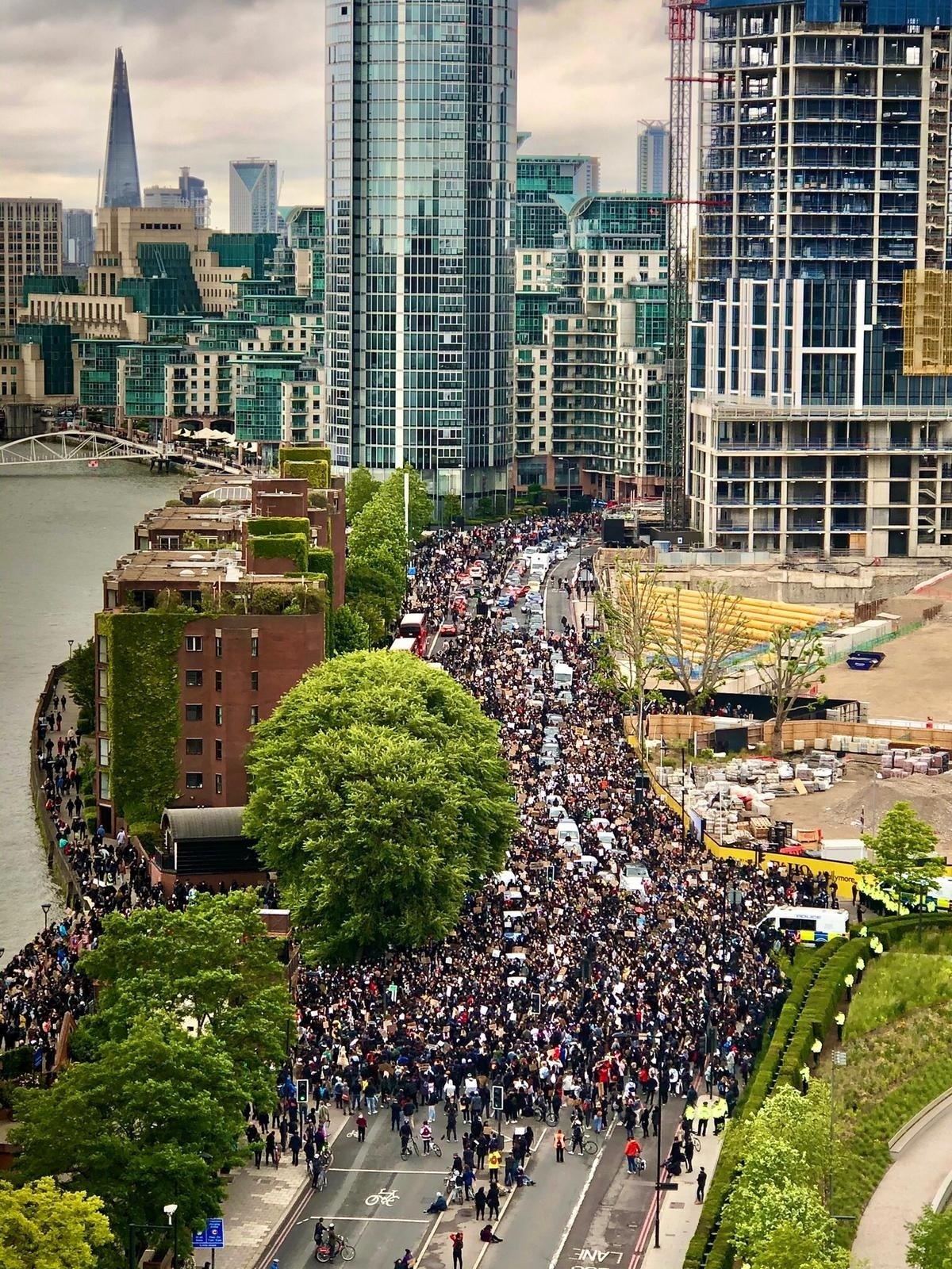 Protesters in central London march to the US embassy