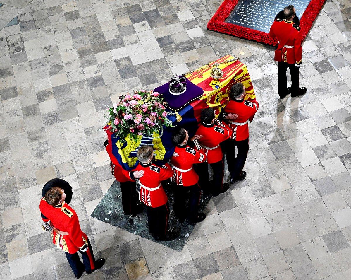 View of The Queen's coffin from above in Westminster Abbey