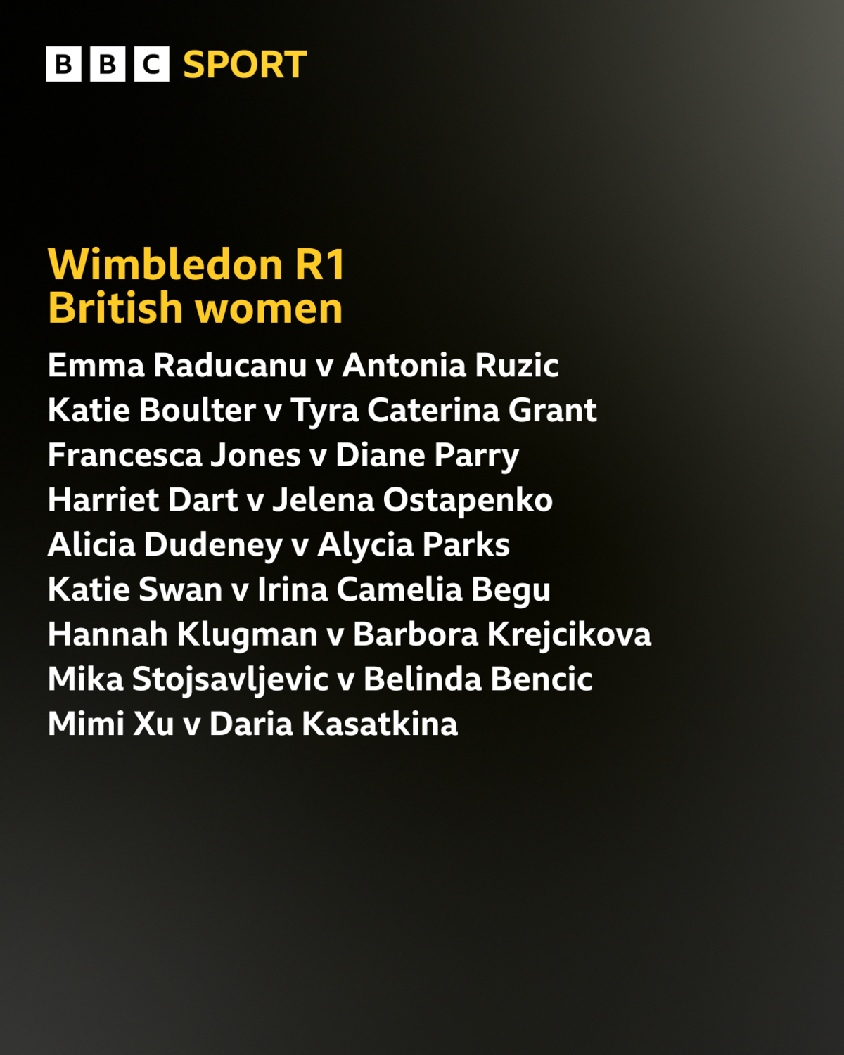 A graphic showing the British women's ties in the Wimbledon first round
Emma Raducanu v Antonia Ruzic
Katie Boulter v Tyra Caterina Grant
Francesca Jones v Diane Parry
Harriet Dart v Jelena Ostapenko
Alicia Dudeney v Alycia Parks
Katie Swan v Irina Camelia Begu
Hannah Klugman v Barbora Krejcikova
Mika Stojsavljevic v Belinda Bencic
Mimi Xu v Daria Kasatkina