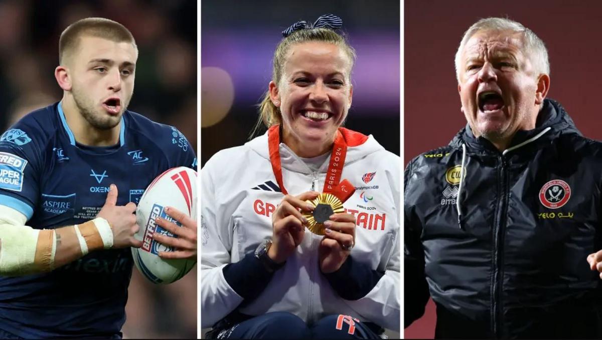 The image consists of three smaller pictures: Rugby player carrying ball, woman wearing Olympic tracksuit holding a medal, a white haired man animatedly shouting 