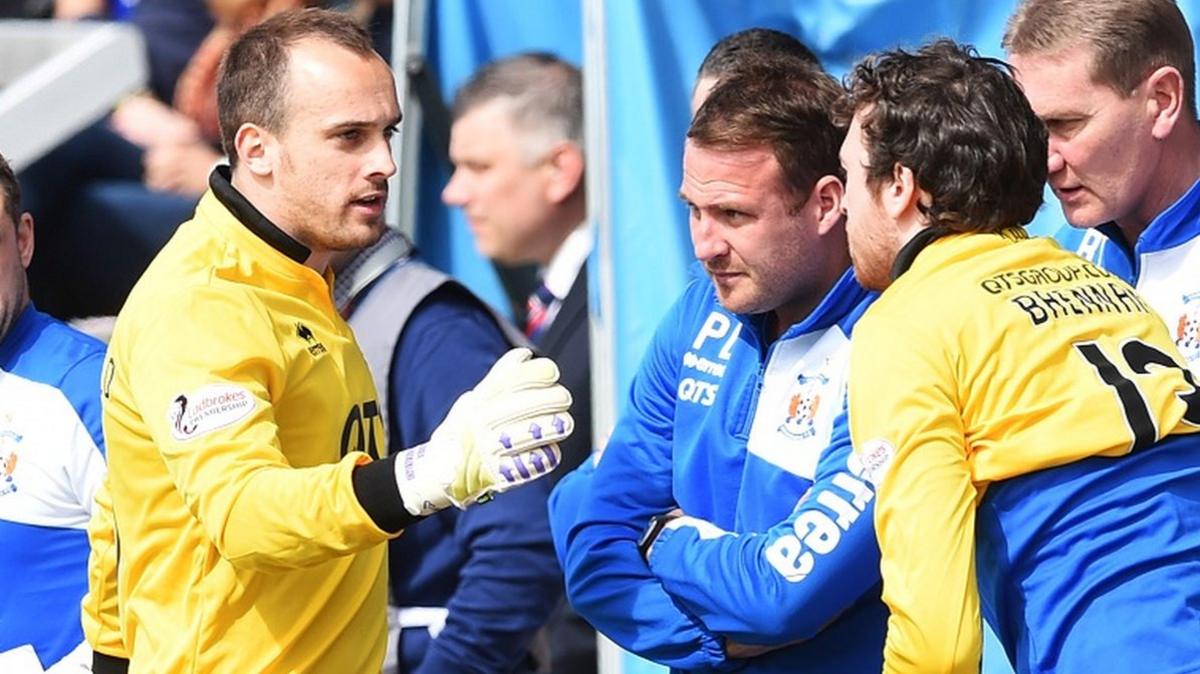 Kilmarnock's Jamie MacDonald (left) was sent off