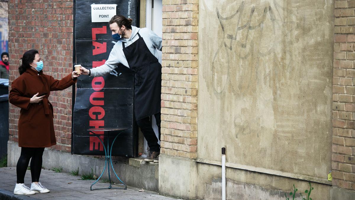 Getting a takeaway coffee, Hackney, London, November 2020