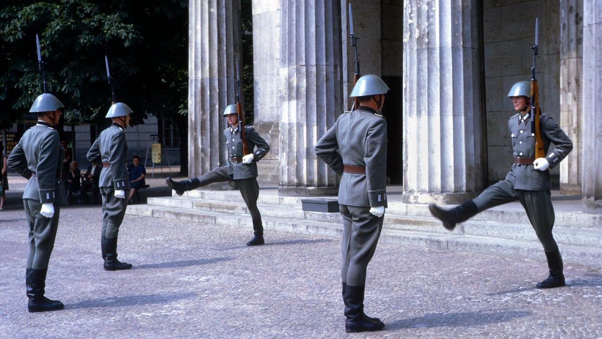 East German soldiers goose step during changing of the guard ceremony at the Neue Wache, 1967