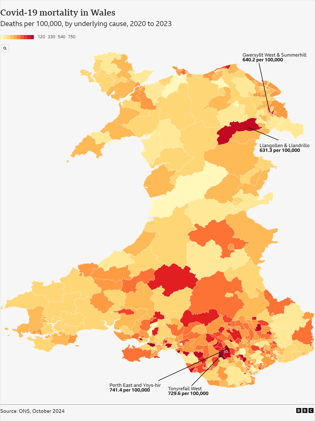 Map of Covid mortality rates in Wales from 2020 until 2023