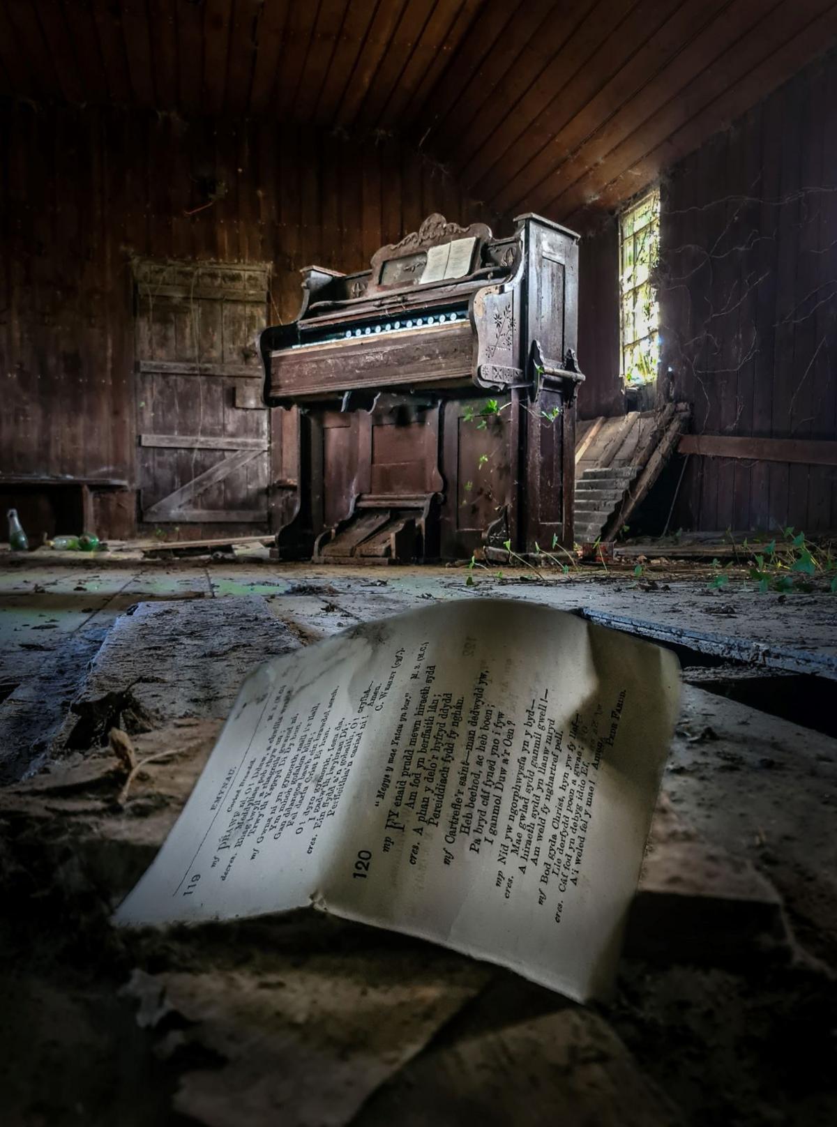 An old church organ in a long forgotten tin Sunday school in Ceredigion