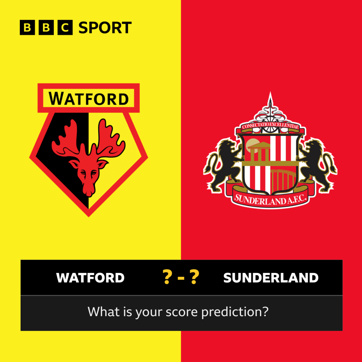 A graphic that asks 'what is your score prediction' with Watford and Sunderland on opposing sides