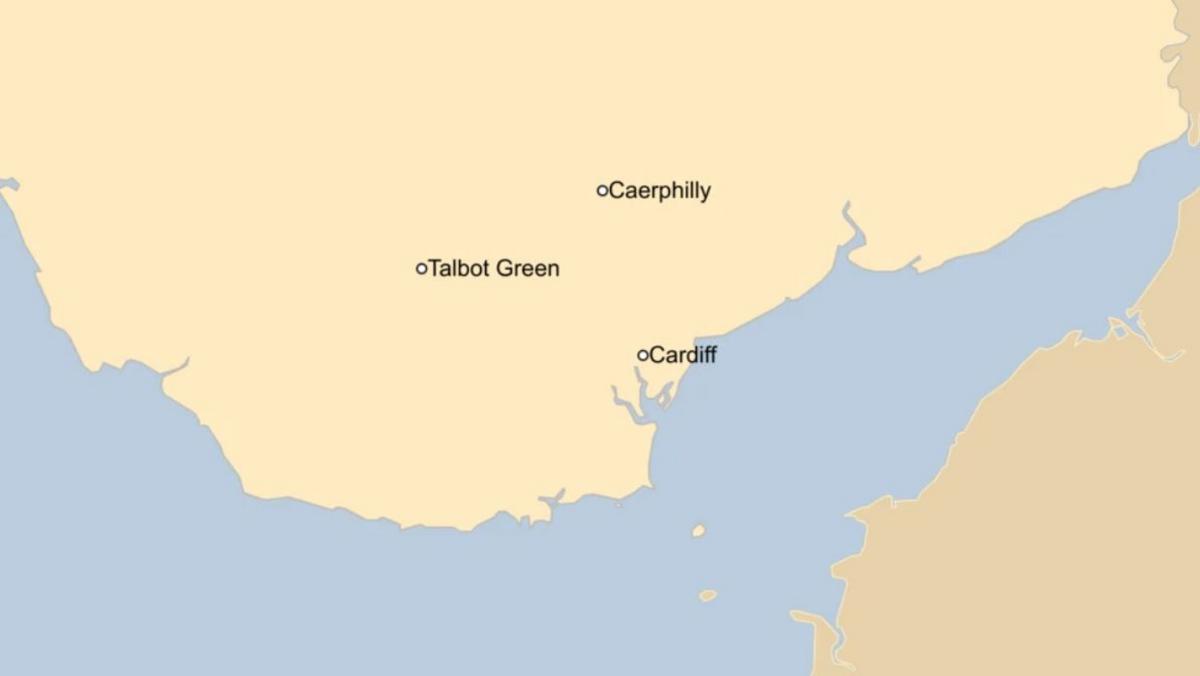 Map showing location of Talbot Green in South Wales in relation to Cardiff and Caerphilly