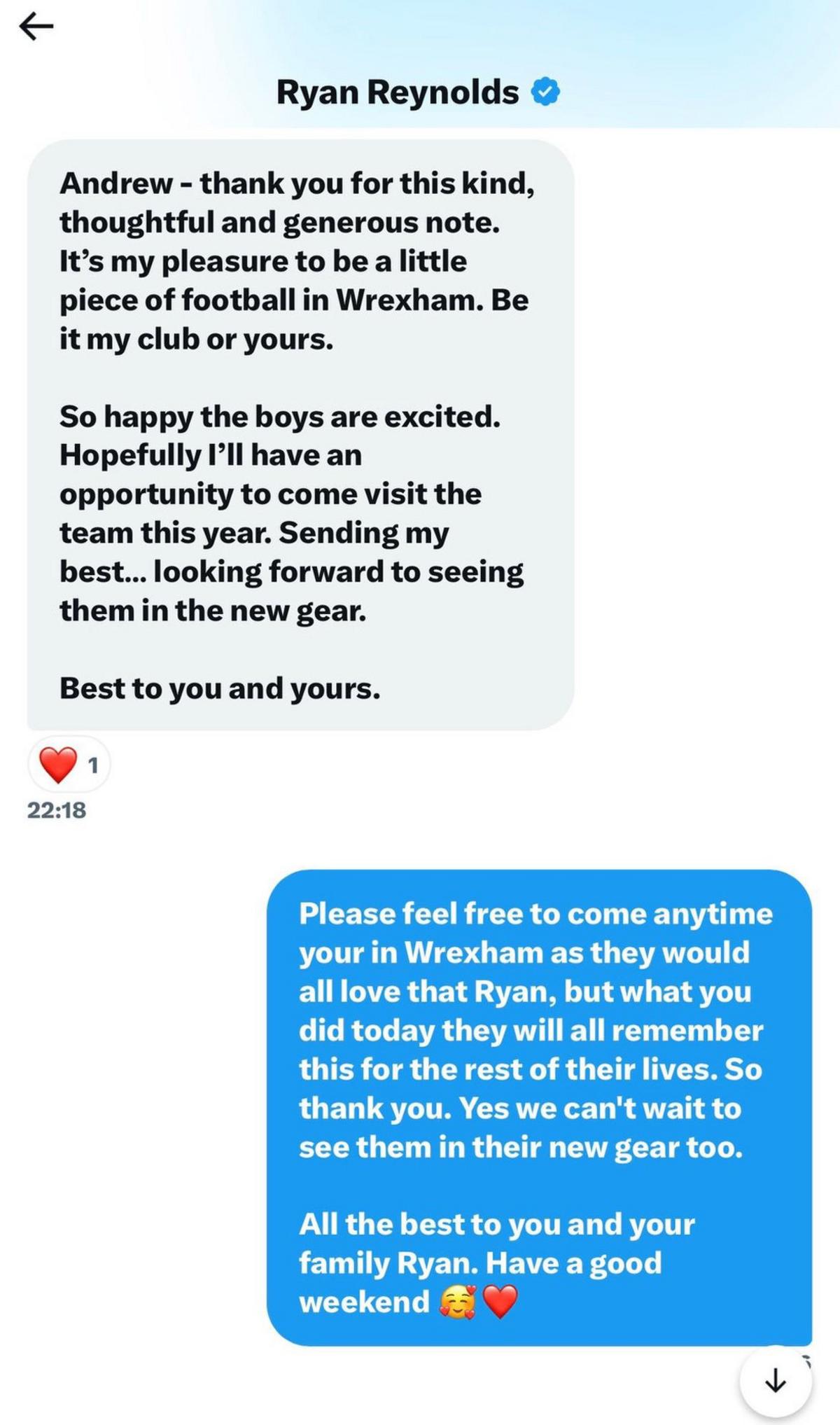 Undated handout photo issued by FC United of Wrexham's chairman Andrew Ruscoe of a twitter conversation between himself and Ryan Reynolds after the Deadpool star donated £1,600 to their GoFundMe. Issue date: Friday March 10, 2023.