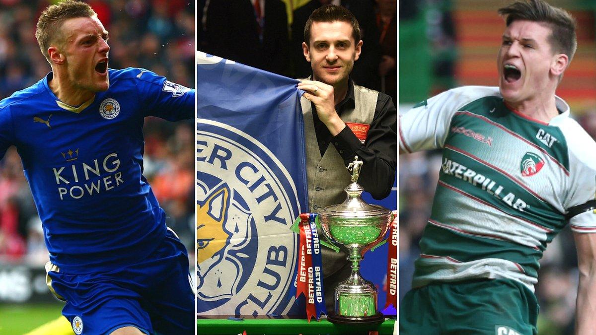 Leicester City's Jamie Vardy (left), snooker World Champion Mark Selby (centre) and Leicester Tigers' Freddie Burns