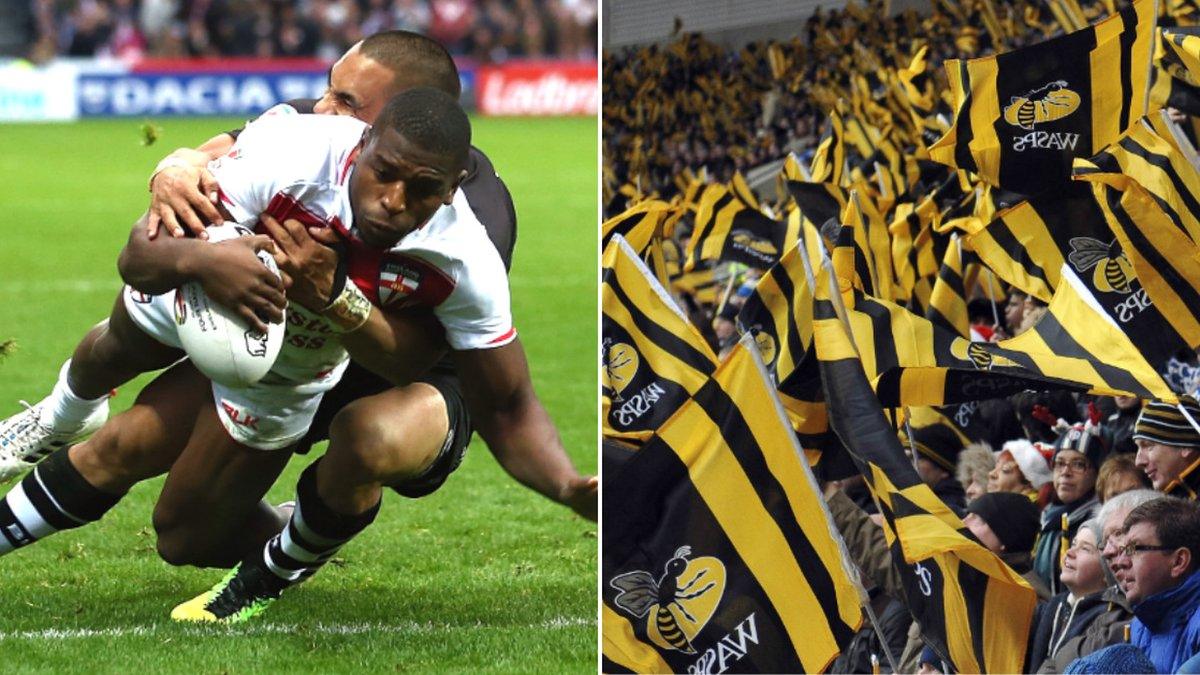 England's Jermaine McGillvary scores a try and Wasps fans at the Ricoh Arena