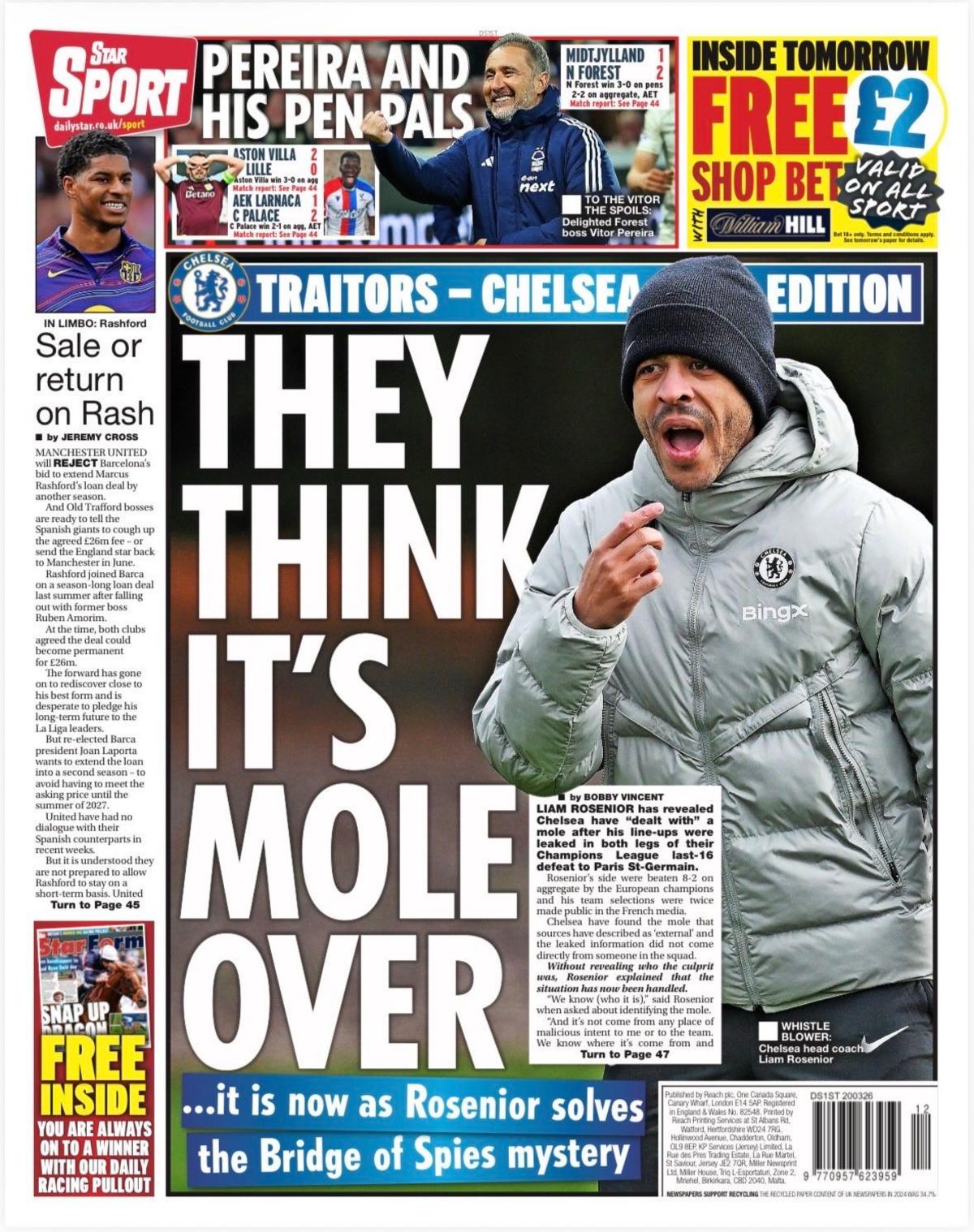 Back page of the Sport with the headline "They think it's mole over".