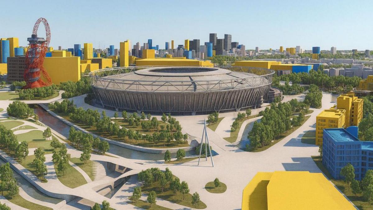 Artist's impression shows the London Stadium and green trees either side of a zipline attached to white stilts in the foreground (centre) and the red ArcellorMittal Orbit tower on the left. There is a cloudless blue sky and tower blocks in the background