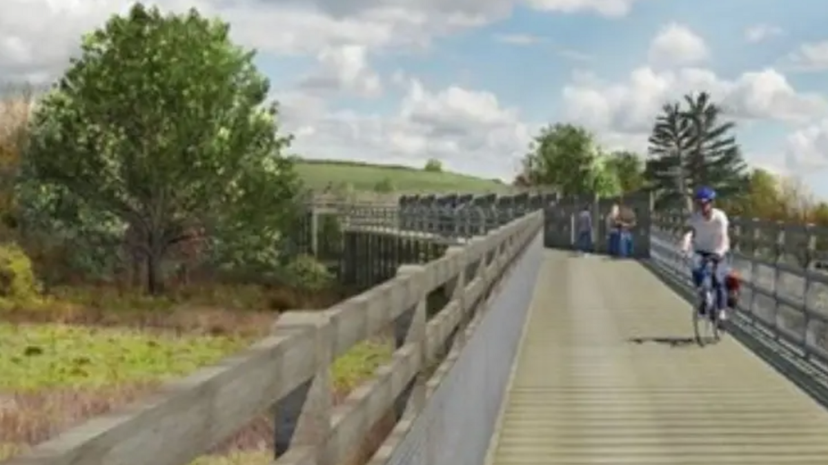 A cyclist on a wooden boardwalk over a grassy area.