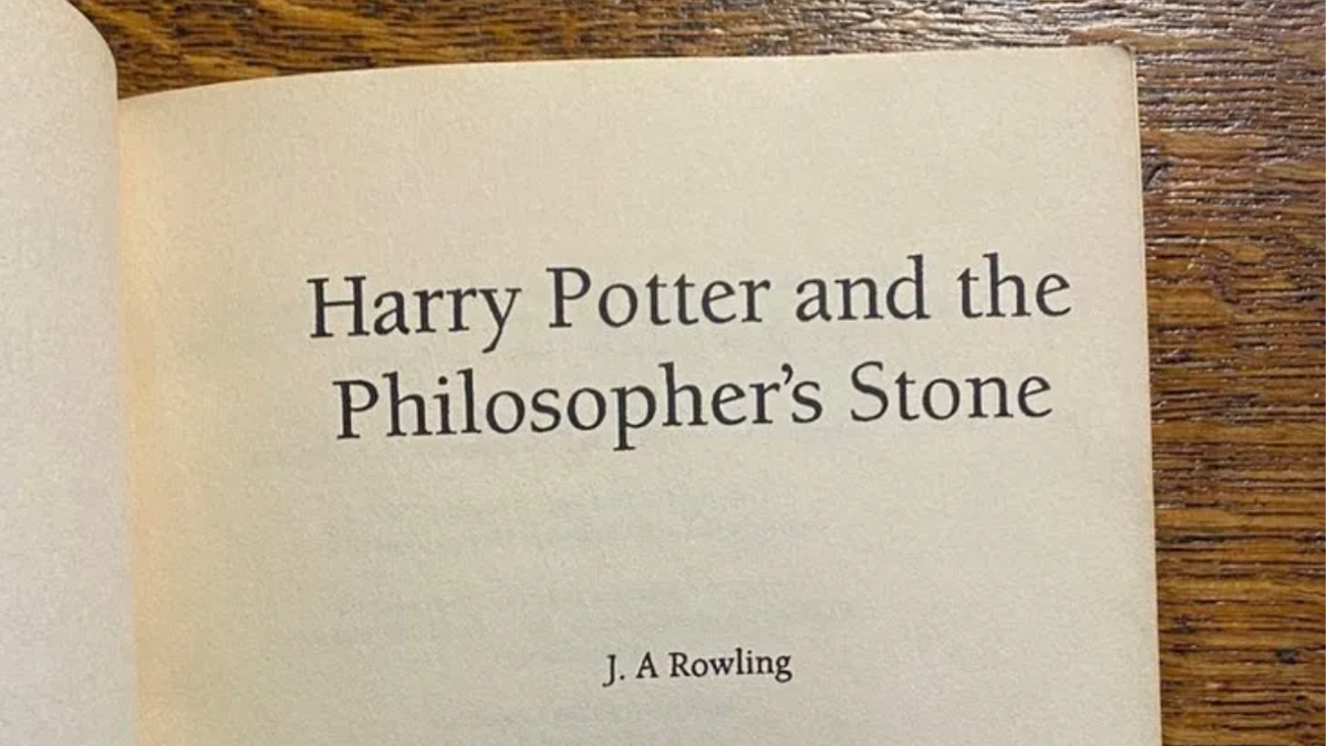 Uncorrected proof copy of Harry Potter and the Philosopher's Stone which misspells author JK Rowling as JA Rowling