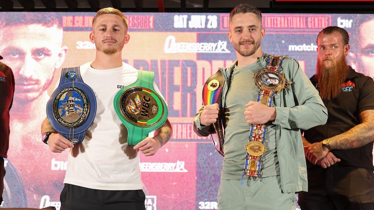 Ryan Garner (left) and Reece Bellotti (right) pose for photo at the launch press conference for their fight
