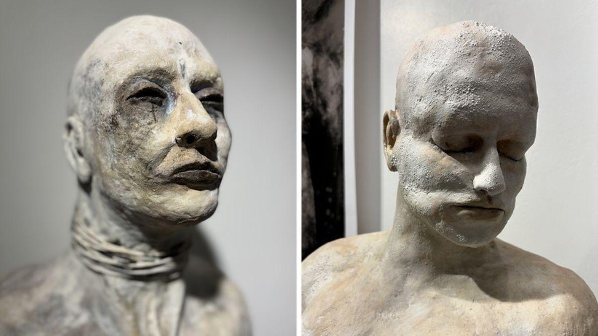 Two photographs of clay sculptures - both showing a man's head and shoulders with pained expressions - side-by-side. 