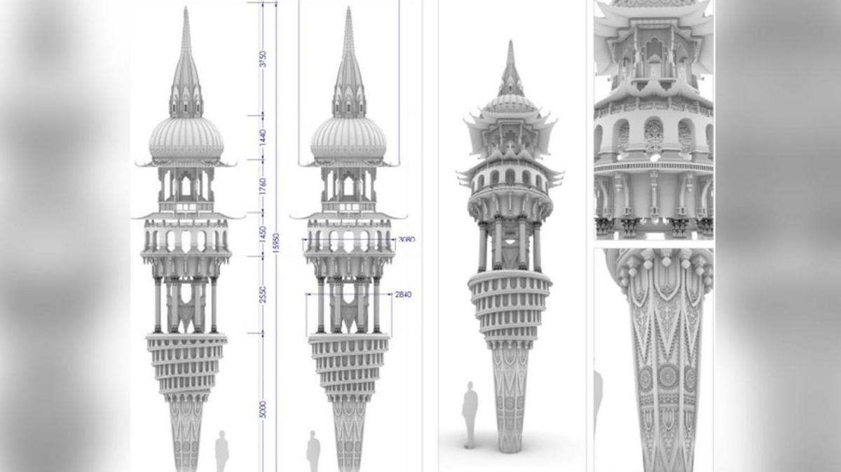 Four computer generated images of a tower with intricate designs and layers. The image is black and white and an image of a person has been placed next to it for scale.