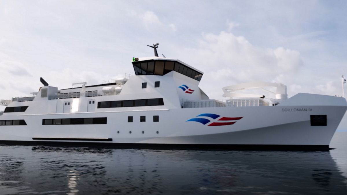 Artist's impression of Scillonian IV. It is a large white ferry.