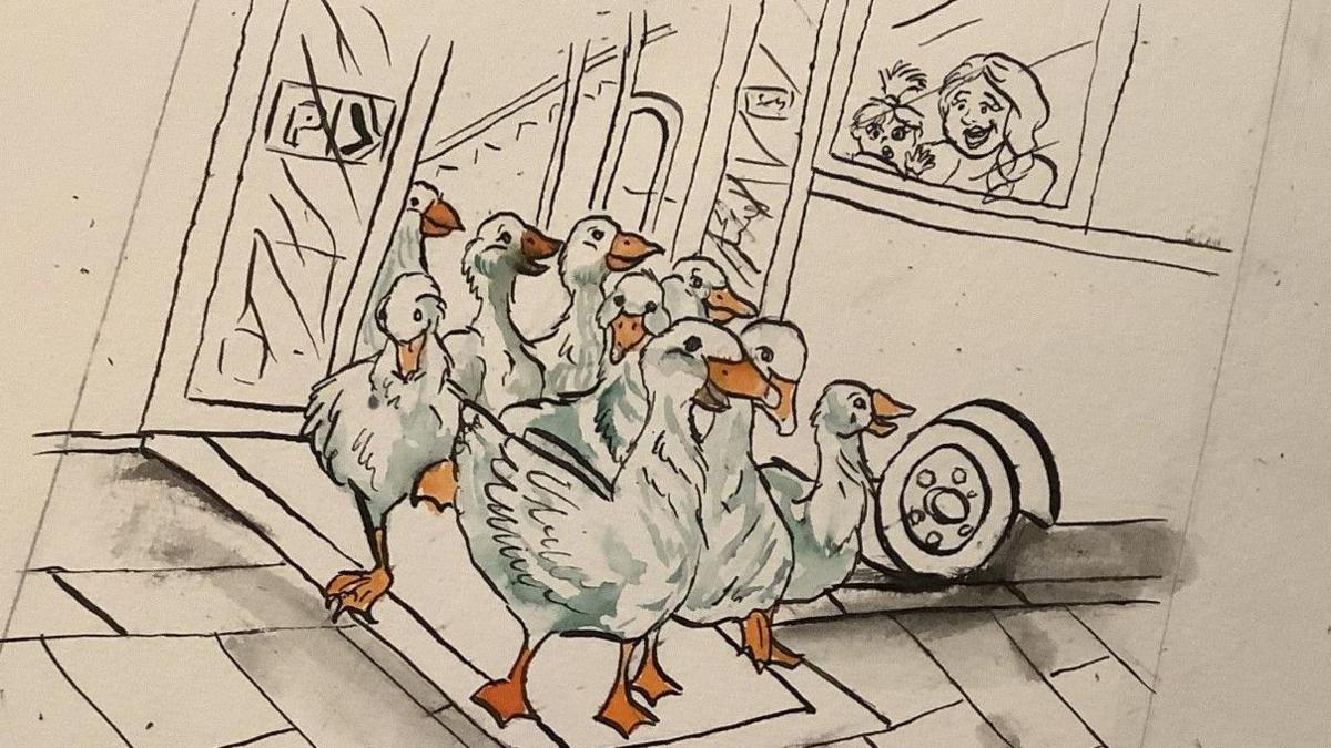 An illustration shows a gaggle of geese coming through a shop doorway with excited human faces looking out of a window. The geese are white domestic geese with orange bills and matching webbed-feet.