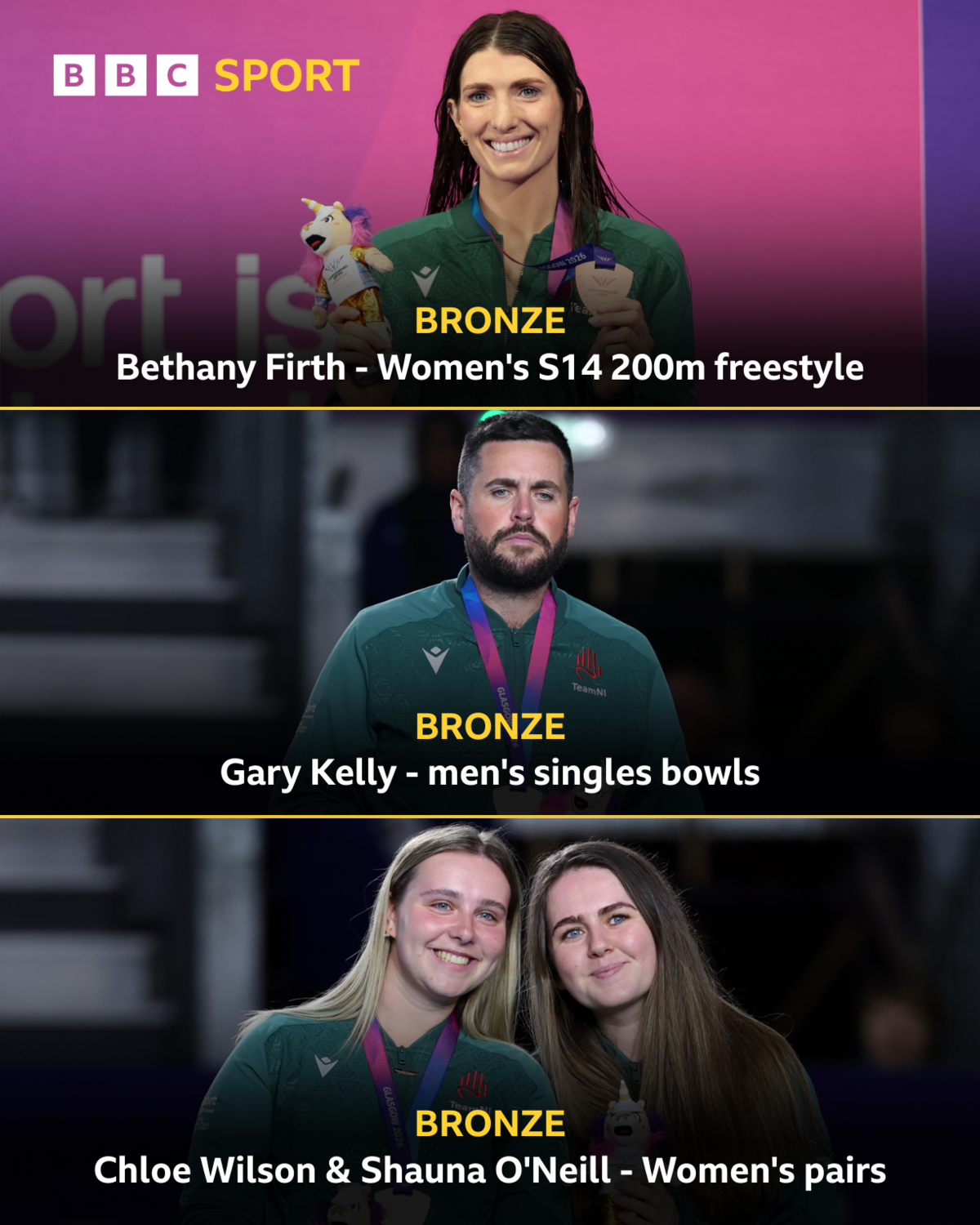 A graphic for Bethany Firth, Gary Kelly, Chloe Wilson and Shauna O'Neill winning bronze at the Commonwealth Games