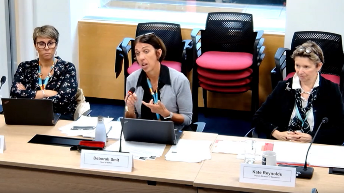 Head of SEND Deborah Smit, flanked by Joanna Hoskin (senior youth worker) and Kate Gregory (cabinet member for SEND improvement) speaking to the scrutiny committee