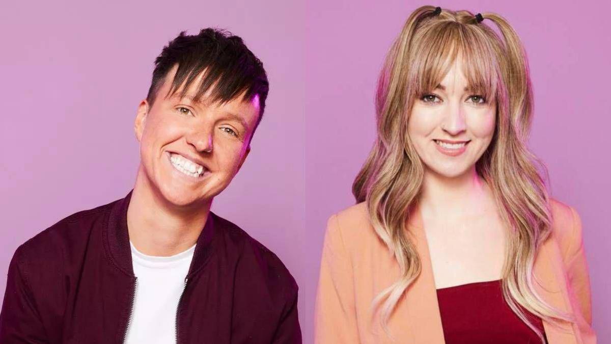 Two women are pictured in promo shots for the TV show. The woman on the left has short dark hair, a nose ring, a white t-shirt and a maroon jacket. The woman on the right has long blonde hair, a peach blazer and a dark red top. They are both smiling in front of a light purple background.