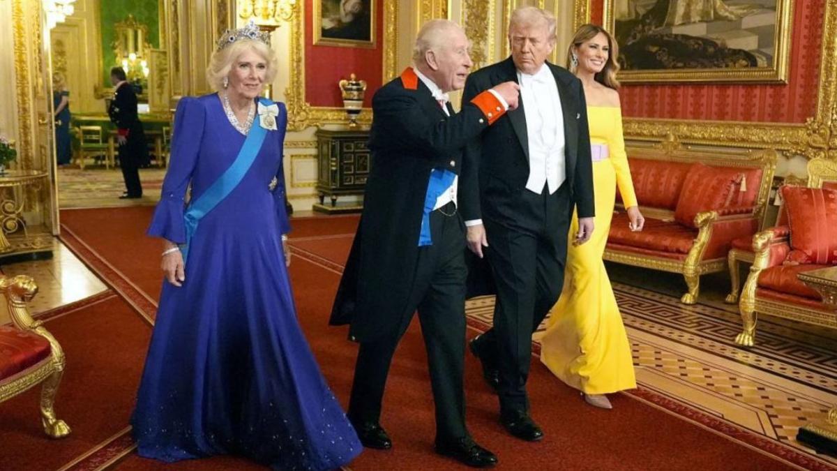King Charles and US President Donald Trump arrive with Queen Camilla and First Lady Melania Trump for the state banquet at Windsor Castle.
