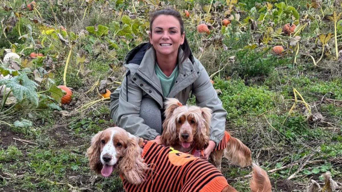A woman crouches in a pumpkin field behind two cocker spaniel dogs. She has her arms around one of them. The dogs are each wearing orange jumpers.