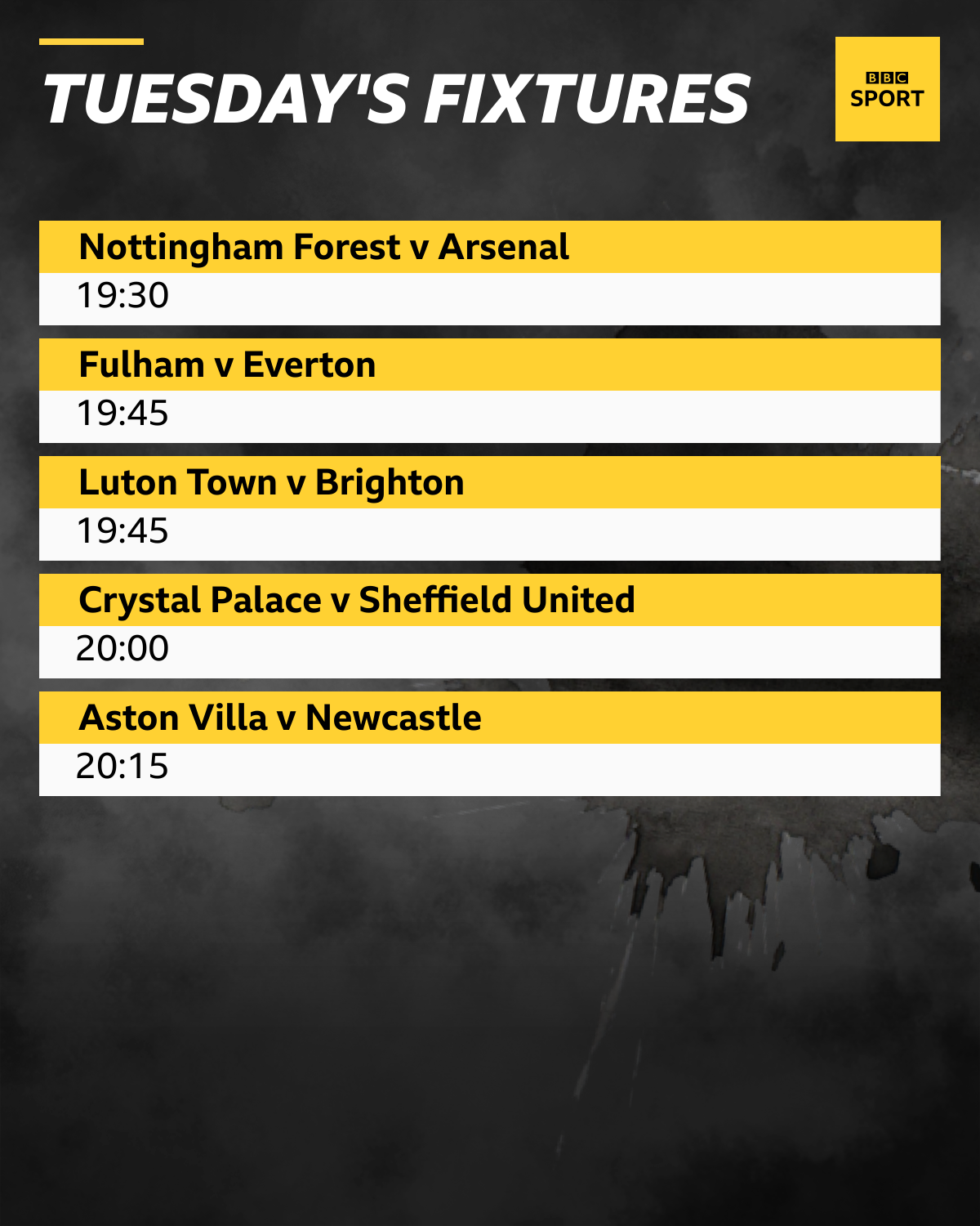 A graphic showing the Premier League fixtures on Tuesday, 30 January: Nottingham Forest v Arsenal, Fulham v Everton, Luton v Brighton, Crystal Palace v Sheffield United, Aston Villa v Newcastle