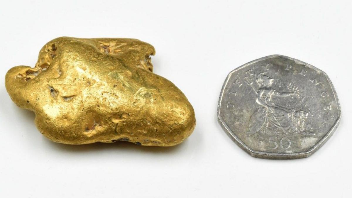 The nugget next to a 50p coin for scale