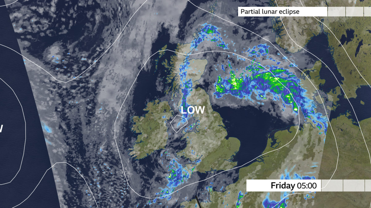 A weather map of the UK showing forecast cloud and rain on Friday at 05:00 BST. Cloud and rain cover parts of Scotland, north-west England, Wales and south-west England. The clearest skies are in East Anglia, south-east England, western Scotland and Northern Ireland.