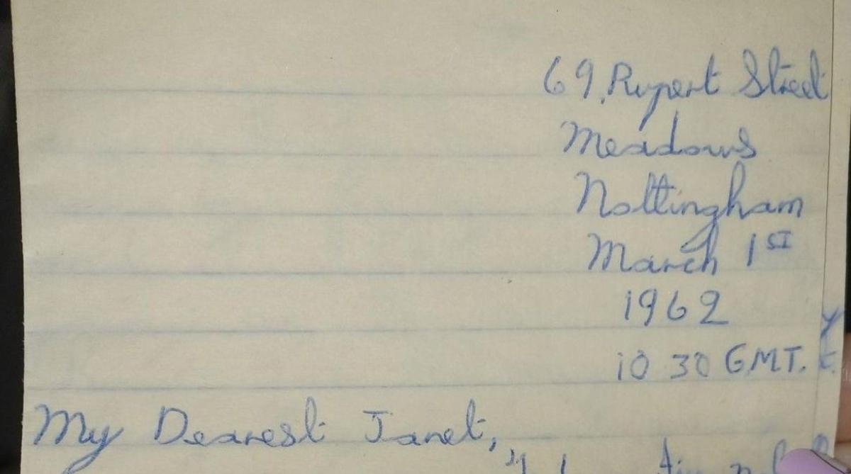 A letter which is addressed to "My Dearest Janet" written in blue ink. The address on the top right is in the Meadows in Nottingham and is dated March 1st 1962