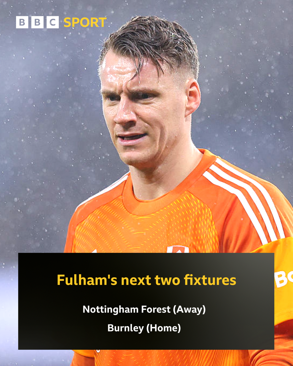 Goalkeeper Bernd Leno in orange kit, and caption showing Fulham's next two Premier League fixtures: Nottingham Forest away and Burnley at home
