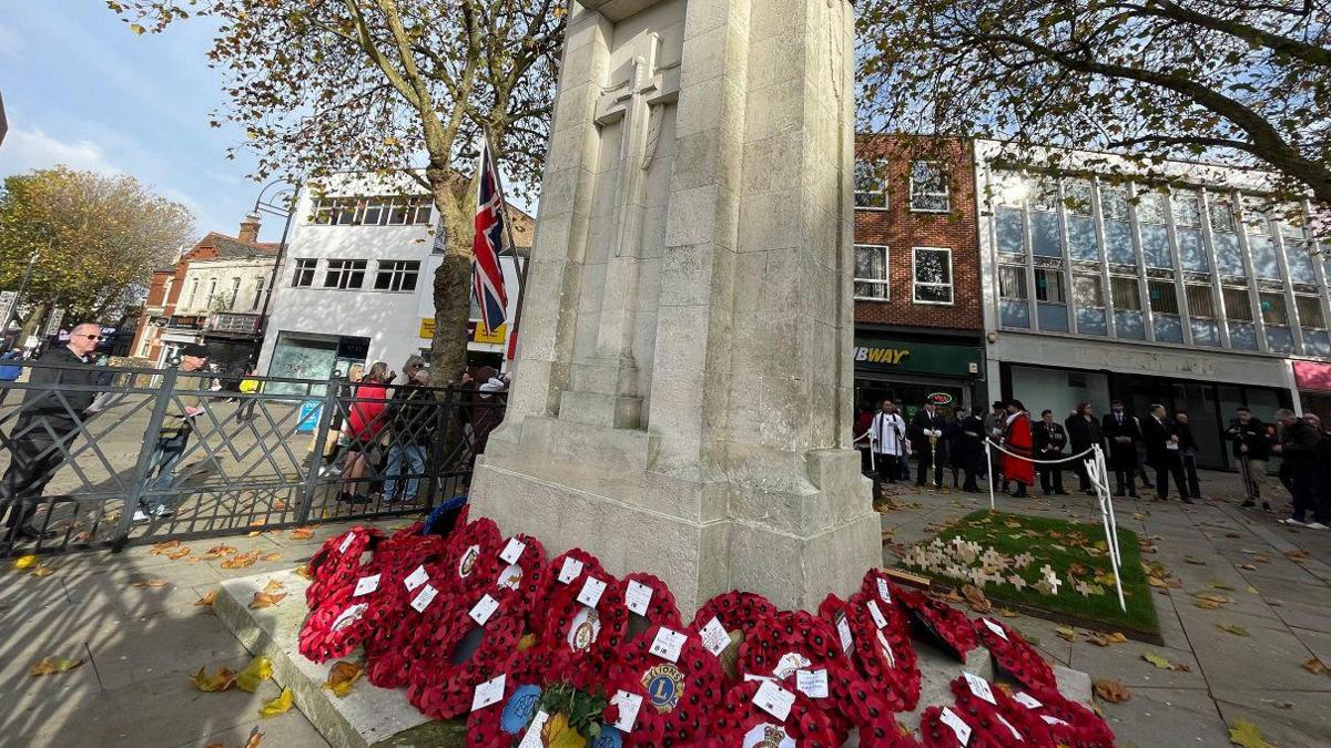 Poppy wreaths laid at the foot of the cenotaph in Swindon