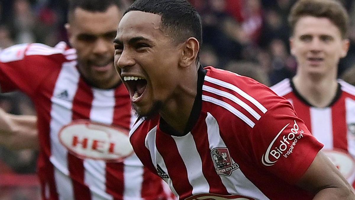 Demetri Mitchell celebrates for Exeter City