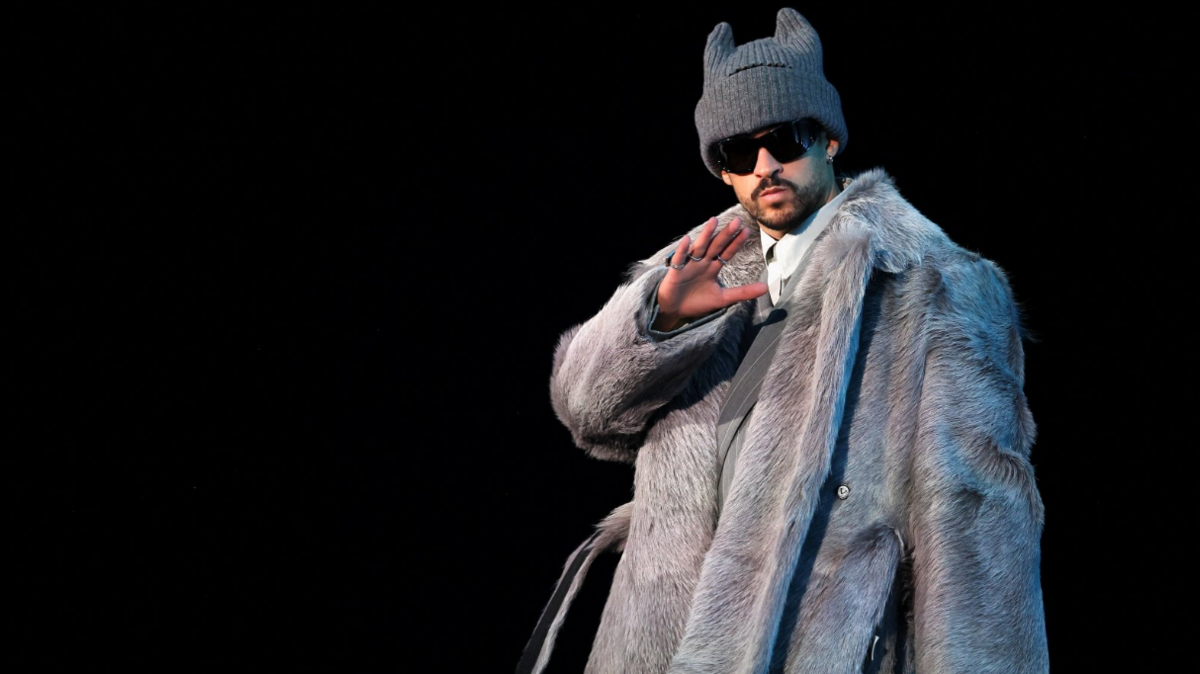 Grammy Award-winning global recording artist Bad Bunny appears onstage during his halftime show press conference ahead of Sunday's performance 