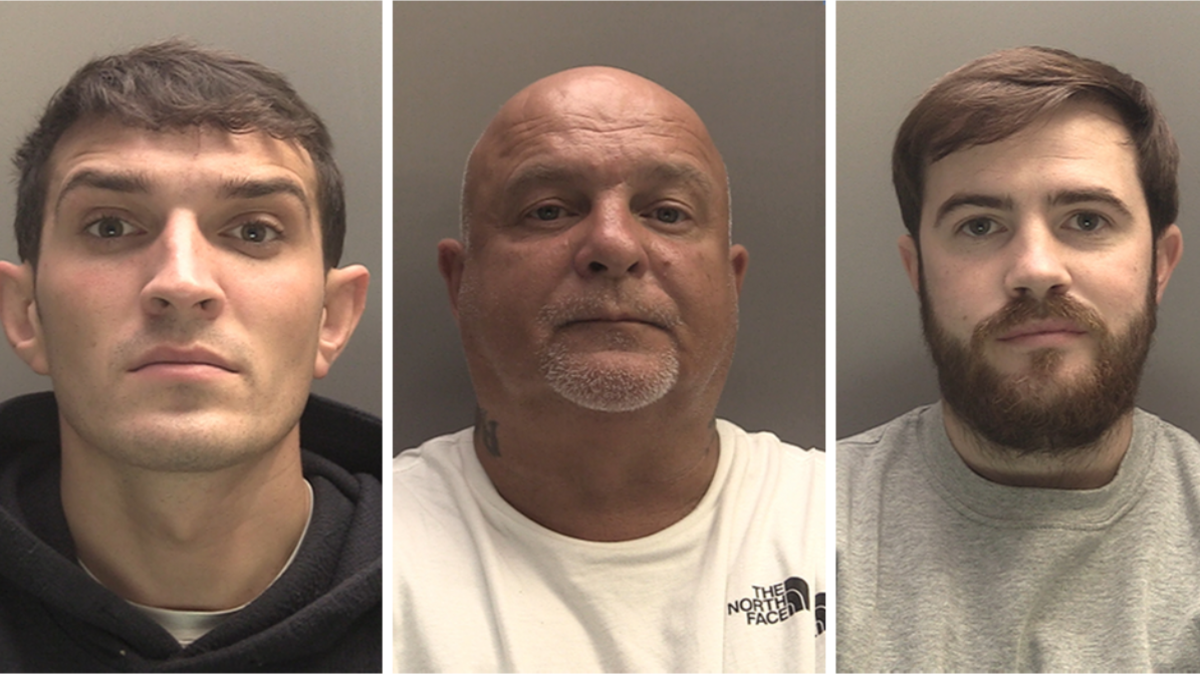 Police mugshots showing Jake Joseph, who has brown hair and a black hoodie; Kevin Underwood, who has a neck-tattoo, a shaven head and is  wearing a white t-shirt; and Nicholas Mooney, who has brown hair, a brown beard and is wearing a plain grey jumper