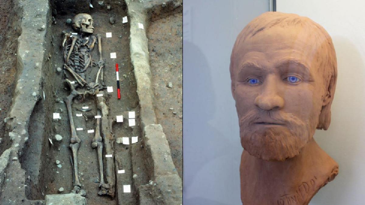 Skeleton of a buried warror alongside a reconstruction of his appearance