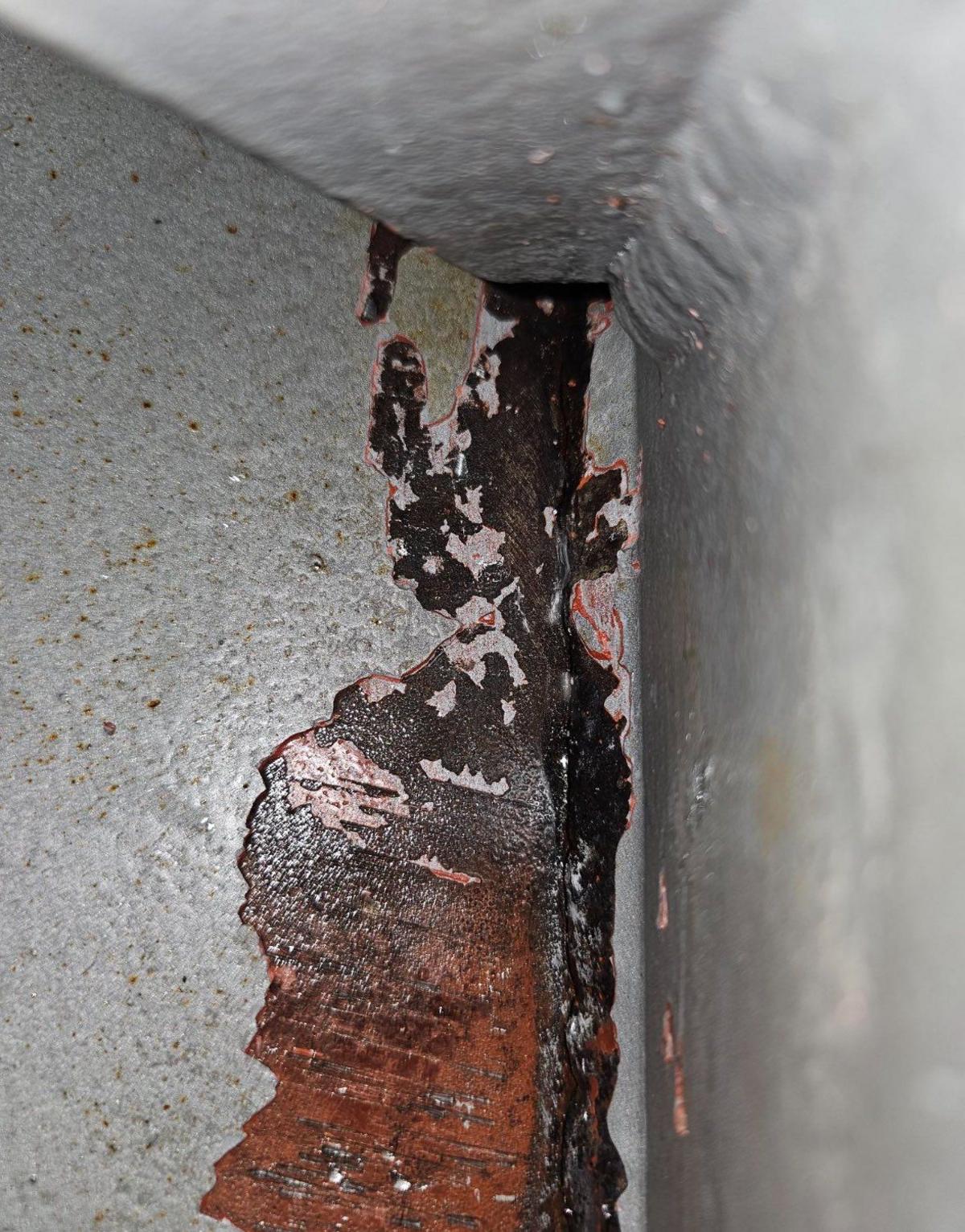 The ferry has a crack on a weld seam on the vessel's hull, close to the waterline