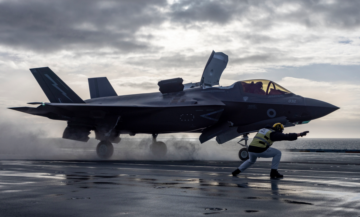 F-35B Lightning jet on the flight deck of the Royal Navy aircraft carrier HMS Prince of Wales