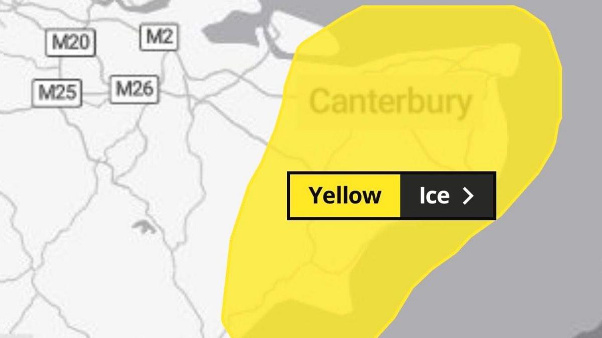 A basic outline map of the South East, with Kent and part of East Sussex covered by a yellow patch to indicate the extent of the expected ice.